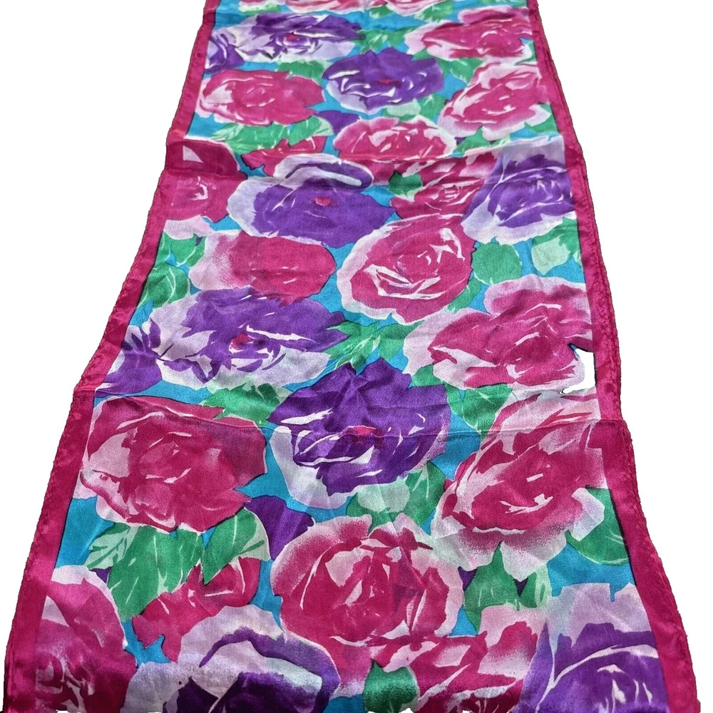 Vintage Honey Pure Silk Scarf Pink Purple Roses Flower Power Blue Green Floral